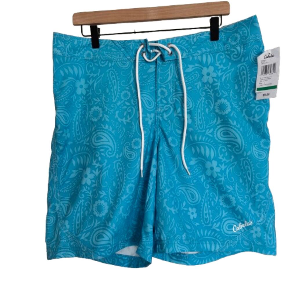 Cabela's Size Large Men's 36" Cyan Blue Print Water Front Swim Surf Shorts #L